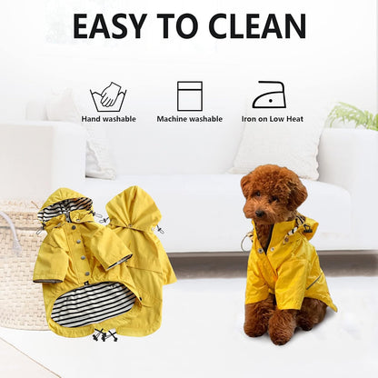 Dog Zip Up Raincoat with Reflective Buttons, Rain/Water Resistant, Adjustable Drawstring, Removable Hood, Raincoats with Legs 8lbs to 80lbs Available - Yellow - L