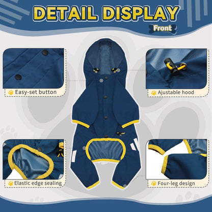 Dog Raincoat, Waterproof Dog Rain Jacket with Hood, Rain Coat with Leash Hole, Reflective Strap for Small Medium Dogs, Lightweight Puppy Clothes(Blue,S)