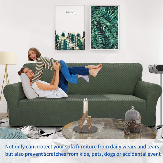 1 Piece Jacquard Couch Covers for 3 Cushion Couch Living Room High Stretch Sofa Cover Pets Dogs Friendly Anti Slip Thickened Slipcovers Furniture Protector (Sofa, Light Grey)