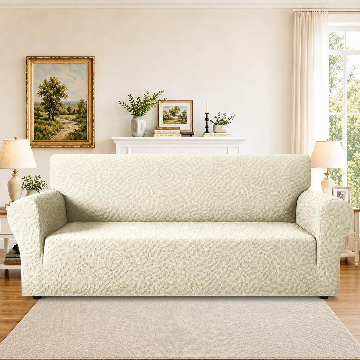 1 Piece Jacquard Couch Covers for 3 Cushion Couch Living Room High Stretch Sofa Cover Pets Dogs Friendly Anti Slip Thickened Slipcovers Furniture Protector (Sofa, Light Grey)