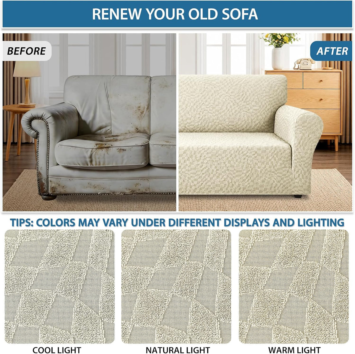 1 Piece Jacquard Couch Covers for 3 Cushion Couch Living Room High Stretch Sofa Cover Pets Dogs Friendly Anti Slip Thickened Slipcovers Furniture Protector (Sofa, Light Grey)