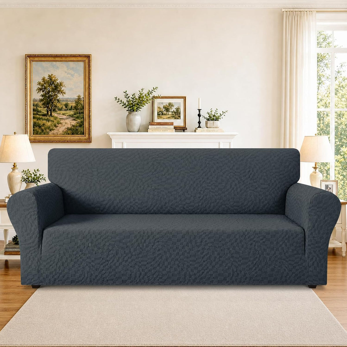 1 Piece Jacquard Couch Covers for 3 Cushion Couch Living Room High Stretch Sofa Cover Pets Dogs Friendly Anti Slip Thickened Slipcovers Furniture Protector (Sofa, Light Grey)
