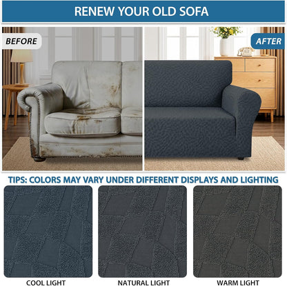 1 Piece Jacquard Couch Covers for 3 Cushion Couch Living Room High Stretch Sofa Cover Pets Dogs Friendly Anti Slip Thickened Slipcovers Furniture Protector (Sofa, Light Grey)
