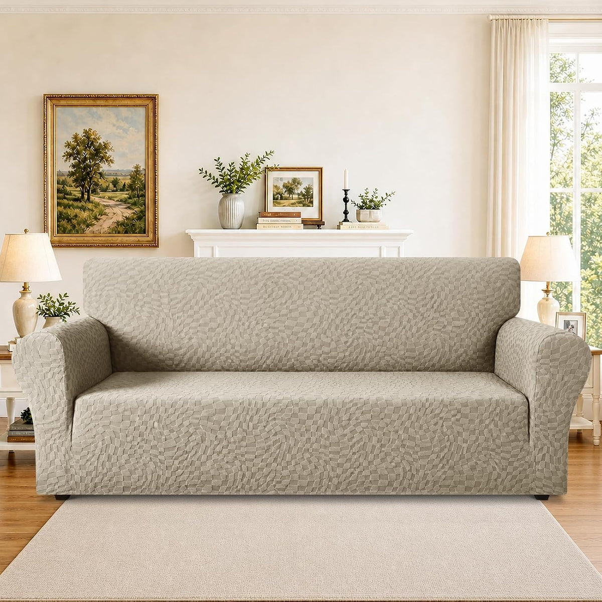 1 Piece Jacquard Couch Covers for 3 Cushion Couch Living Room High Stretch Sofa Cover Pets Dogs Friendly Anti Slip Thickened Slipcovers Furniture Protector (Sofa, Light Grey)