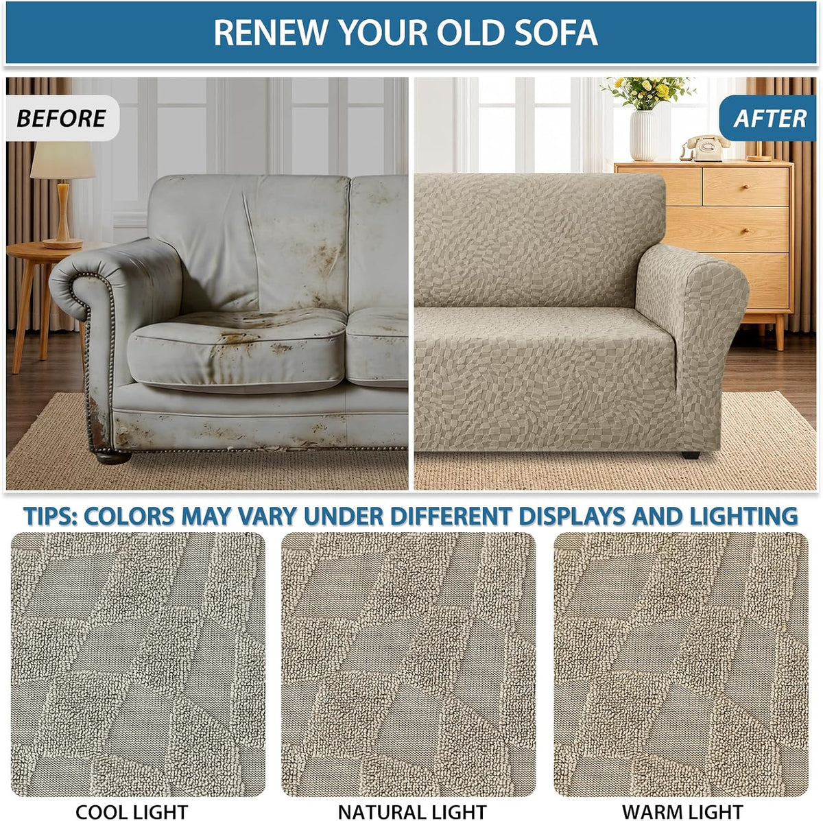 1 Piece Jacquard Couch Covers for 3 Cushion Couch Living Room High Stretch Sofa Cover Pets Dogs Friendly Anti Slip Thickened Slipcovers Furniture Protector (Sofa, Light Grey)