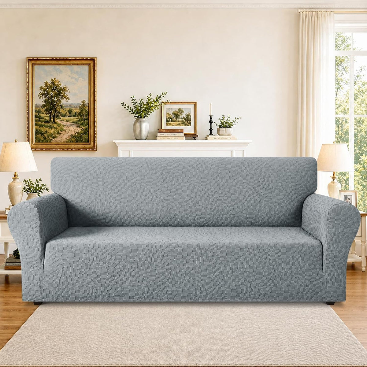 1 Piece Jacquard Couch Covers for 3 Cushion Couch Living Room High Stretch Sofa Cover Pets Dogs Friendly Anti Slip Thickened Slipcovers Furniture Protector (Sofa, Light Grey)