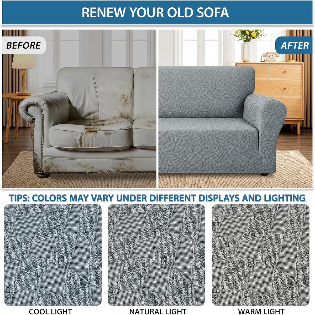1 Piece Jacquard Couch Covers for 3 Cushion Couch Living Room High Stretch Sofa Cover Pets Dogs Friendly Anti Slip Thickened Slipcovers Furniture Protector (Sofa, Light Grey)