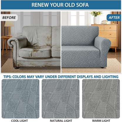 1 Piece Jacquard Couch Covers for 3 Cushion Couch Living Room High Stretch Sofa Cover Pets Dogs Friendly Anti Slip Thickened Slipcovers Furniture Protector (Sofa, Light Grey)