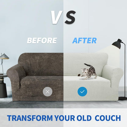 1 Piece Jacquard Couch Covers for 3 Cushion Couch Living Room High Stretch Sofa Cover Pets Dogs Friendly Anti Slip Thickened Slipcovers Furniture Protector (Sofa, Light Grey)