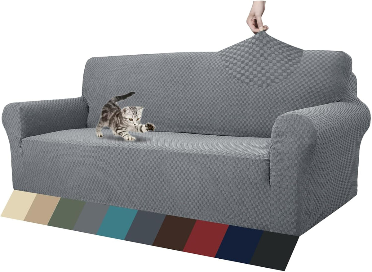 1 Piece Jacquard Couch Covers for 3 Cushion Couch Living Room High Stretch Sofa Cover Pets Dogs Friendly Anti Slip Thickened Slipcovers Furniture Protector (Sofa, Light Grey)