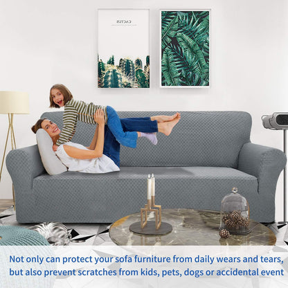 1 Piece Jacquard Couch Covers for 3 Cushion Couch Living Room High Stretch Sofa Cover Pets Dogs Friendly Anti Slip Thickened Slipcovers Furniture Protector (Sofa, Light Grey)