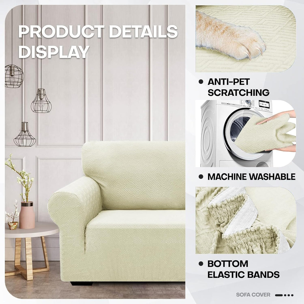 1 Piece Jacquard Couch Covers for 3 Cushion Couch Living Room High Stretch Sofa Cover Pets Dogs Friendly Anti Slip Thickened Slipcovers Furniture Protector (Sofa, Light Grey)