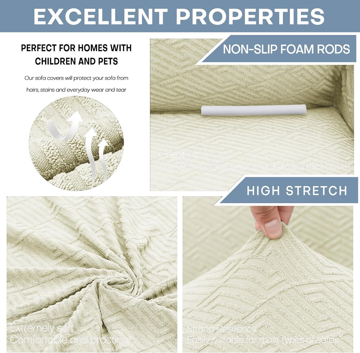 1 Piece Jacquard Couch Covers for 3 Cushion Couch Living Room High Stretch Sofa Cover Pets Dogs Friendly Anti Slip Thickened Slipcovers Furniture Protector (Sofa, Light Grey)