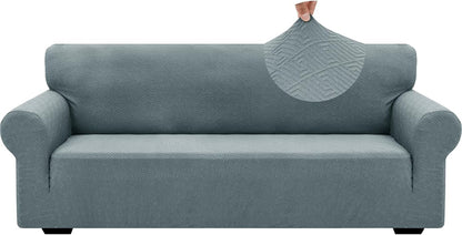 1 Piece Jacquard Couch Covers for 3 Cushion Couch Living Room High Stretch Sofa Cover Pets Dogs Friendly Anti Slip Thickened Slipcovers Furniture Protector (Sofa, Light Grey)