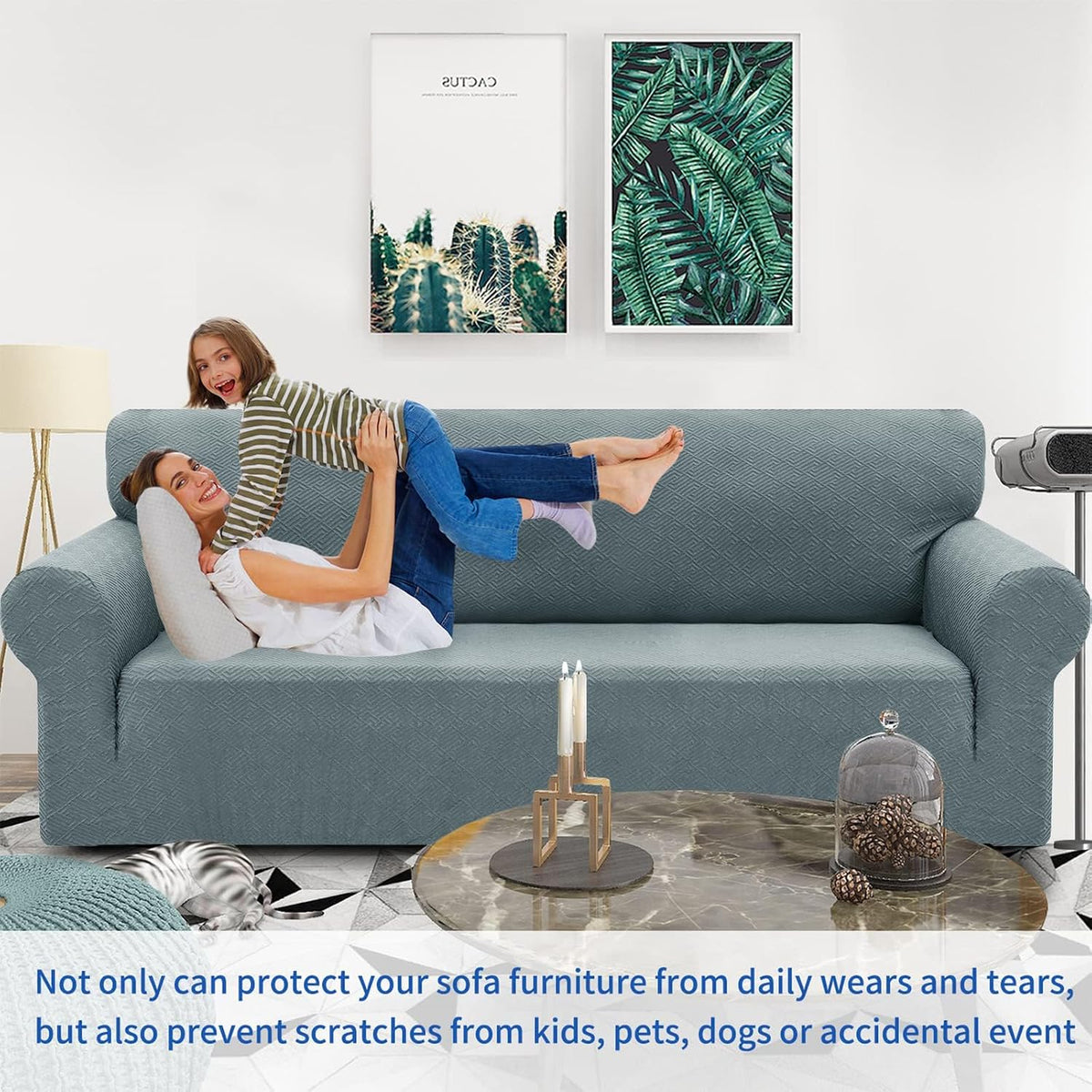 1 Piece Jacquard Couch Covers for 3 Cushion Couch Living Room High Stretch Sofa Cover Pets Dogs Friendly Anti Slip Thickened Slipcovers Furniture Protector (Sofa, Light Grey)