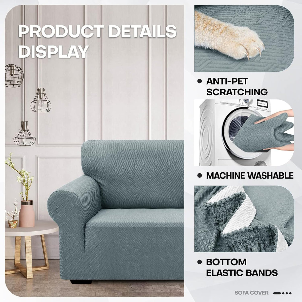 1 Piece Jacquard Couch Covers for 3 Cushion Couch Living Room High Stretch Sofa Cover Pets Dogs Friendly Anti Slip Thickened Slipcovers Furniture Protector (Sofa, Light Grey)
