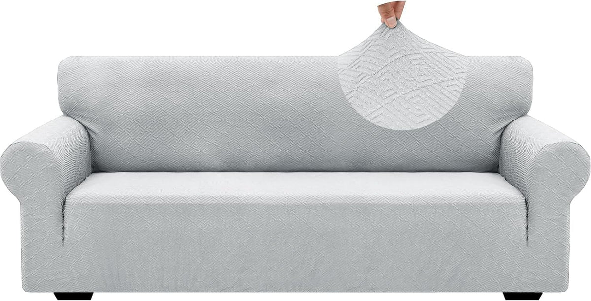 1 Piece Jacquard Couch Covers for 3 Cushion Couch Living Room High Stretch Sofa Cover Pets Dogs Friendly Anti Slip Thickened Slipcovers Furniture Protector (Sofa, Light Grey)