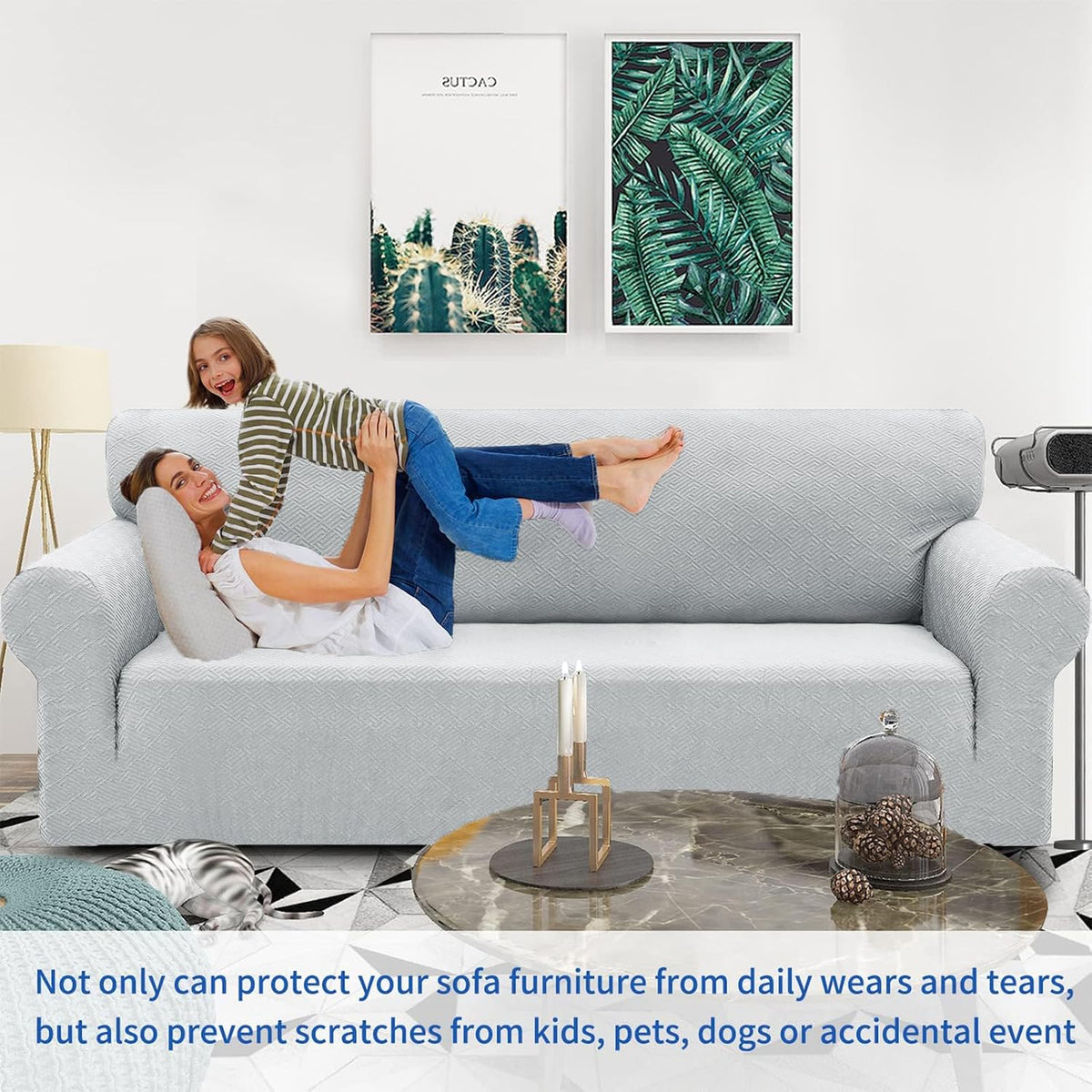 1 Piece Jacquard Couch Covers for 3 Cushion Couch Living Room High Stretch Sofa Cover Pets Dogs Friendly Anti Slip Thickened Slipcovers Furniture Protector (Sofa, Light Grey)