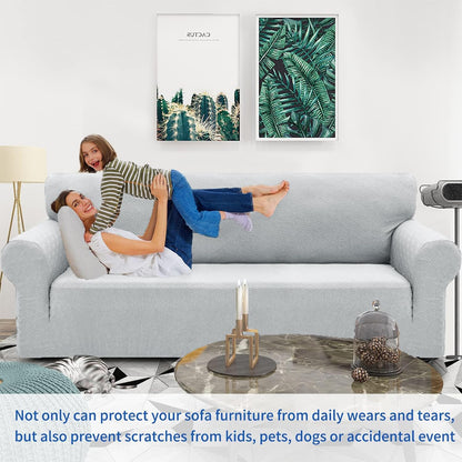 1 Piece Jacquard Couch Covers for 3 Cushion Couch Living Room High Stretch Sofa Cover Pets Dogs Friendly Anti Slip Thickened Slipcovers Furniture Protector (Sofa, Light Grey)