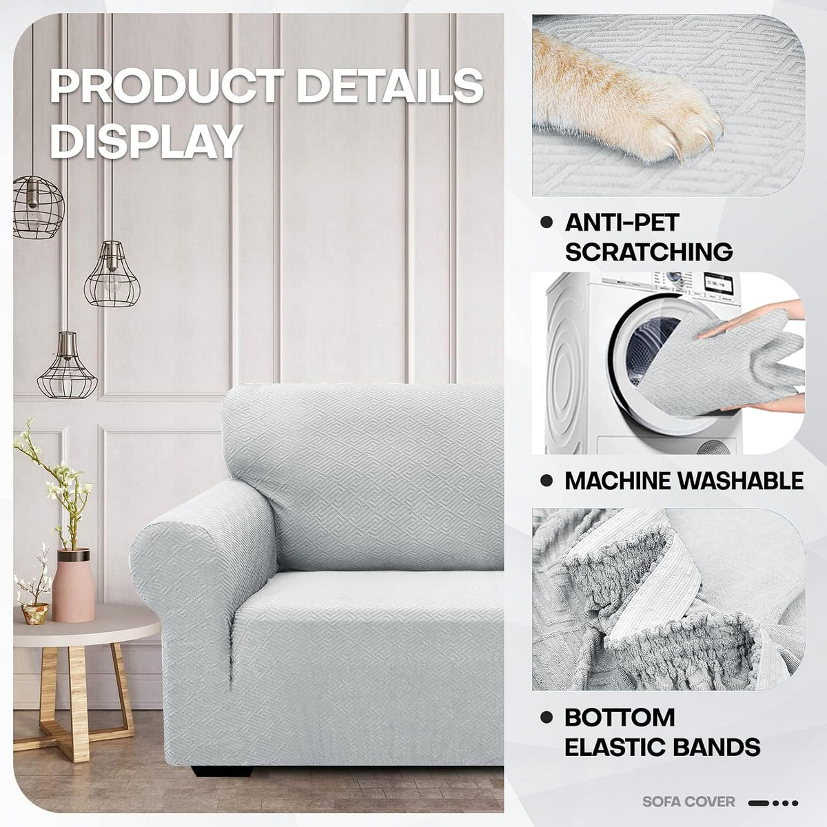 1 Piece Jacquard Couch Covers for 3 Cushion Couch Living Room High Stretch Sofa Cover Pets Dogs Friendly Anti Slip Thickened Slipcovers Furniture Protector (Sofa, Light Grey)