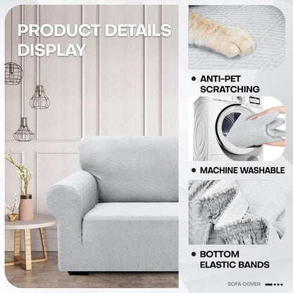 1 Piece Jacquard Couch Covers for 3 Cushion Couch Living Room High Stretch Sofa Cover Pets Dogs Friendly Anti Slip Thickened Slipcovers Furniture Protector (Sofa, Light Grey)