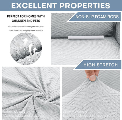 1 Piece Jacquard Couch Covers for 3 Cushion Couch Living Room High Stretch Sofa Cover Pets Dogs Friendly Anti Slip Thickened Slipcovers Furniture Protector (Sofa, Light Grey)