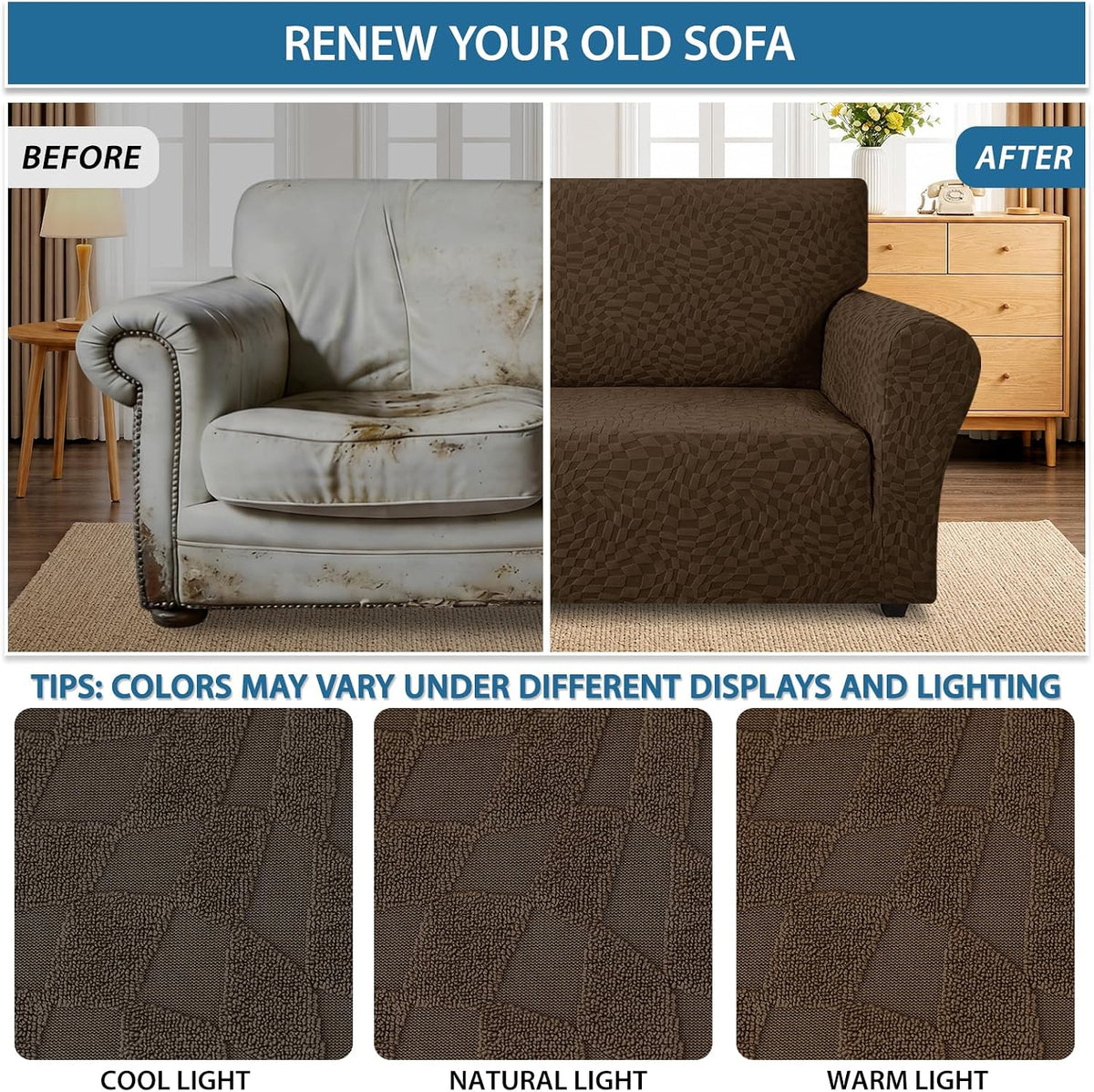 1 Piece Jacquard Couch Covers for 3 Cushion Couch Living Room High Stretch Sofa Cover Pets Dogs Friendly Anti Slip Thickened Slipcovers Furniture Protector (Sofa, Light Grey)