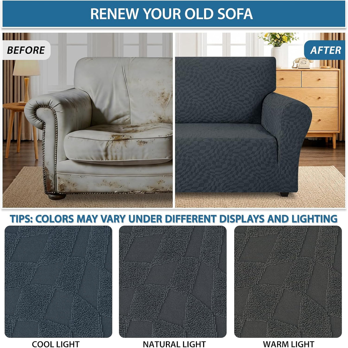 1 Piece Jacquard Couch Covers for 3 Cushion Couch Living Room High Stretch Sofa Cover Pets Dogs Friendly Anti Slip Thickened Slipcovers Furniture Protector (Sofa, Light Grey)