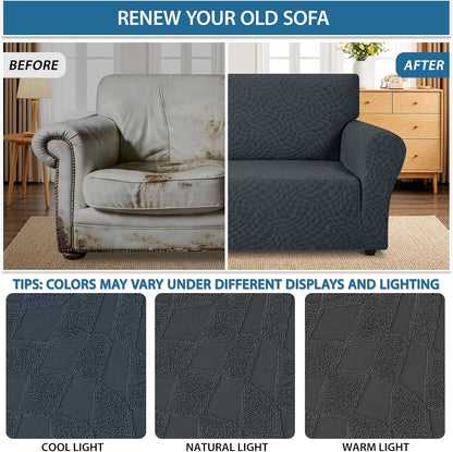 1 Piece Jacquard Couch Covers for 3 Cushion Couch Living Room High Stretch Sofa Cover Pets Dogs Friendly Anti Slip Thickened Slipcovers Furniture Protector (Sofa, Light Grey)