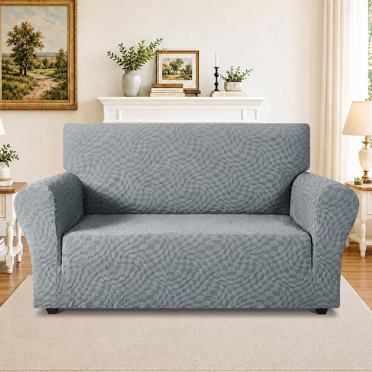 1 Piece Jacquard Couch Covers for 3 Cushion Couch Living Room High Stretch Sofa Cover Pets Dogs Friendly Anti Slip Thickened Slipcovers Furniture Protector (Sofa, Light Grey)