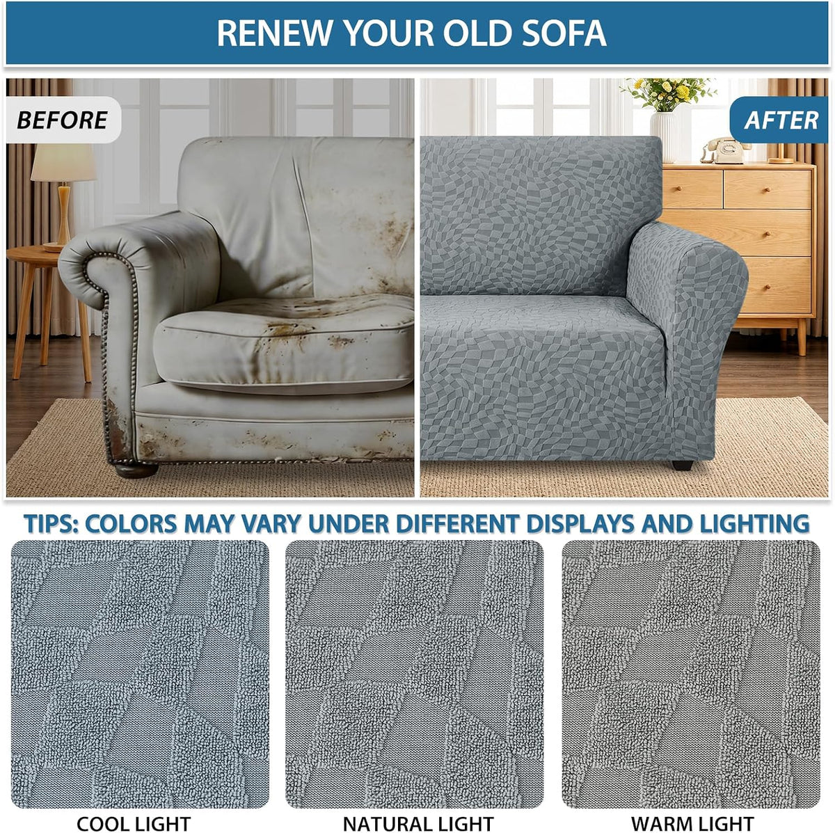 1 Piece Jacquard Couch Covers for 3 Cushion Couch Living Room High Stretch Sofa Cover Pets Dogs Friendly Anti Slip Thickened Slipcovers Furniture Protector (Sofa, Light Grey)