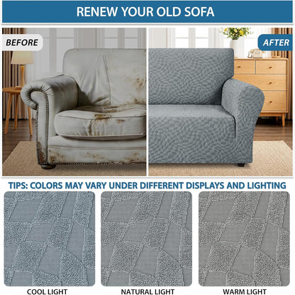 1 Piece Jacquard Couch Covers for 3 Cushion Couch Living Room High Stretch Sofa Cover Pets Dogs Friendly Anti Slip Thickened Slipcovers Furniture Protector (Sofa, Light Grey)