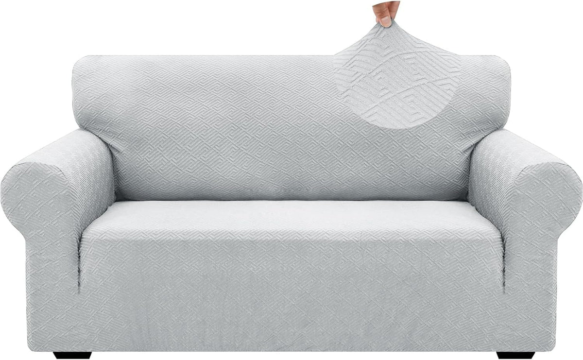 1 Piece Jacquard Couch Covers for 3 Cushion Couch Living Room High Stretch Sofa Cover Pets Dogs Friendly Anti Slip Thickened Slipcovers Furniture Protector (Sofa, Light Grey)