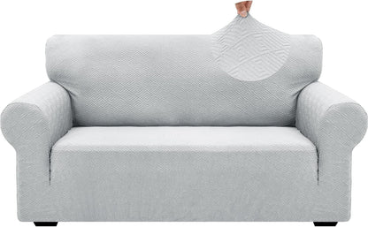 1 Piece Jacquard Couch Covers for 3 Cushion Couch Living Room High Stretch Sofa Cover Pets Dogs Friendly Anti Slip Thickened Slipcovers Furniture Protector (Sofa, Light Grey)