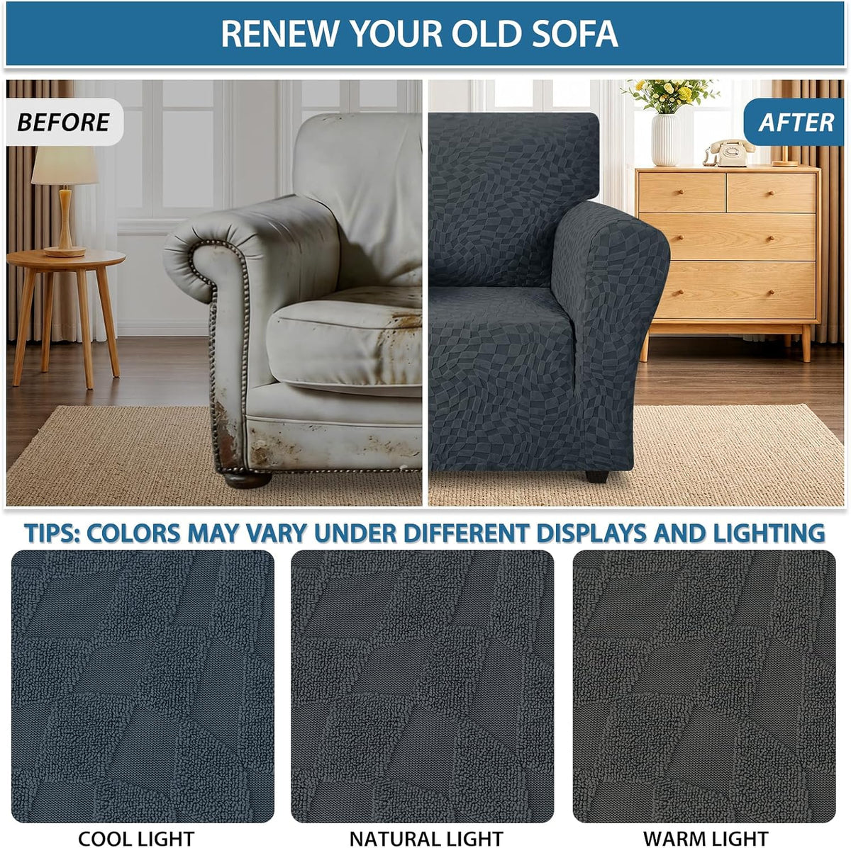 1 Piece Jacquard Couch Covers for 3 Cushion Couch Living Room High Stretch Sofa Cover Pets Dogs Friendly Anti Slip Thickened Slipcovers Furniture Protector (Sofa, Light Grey)