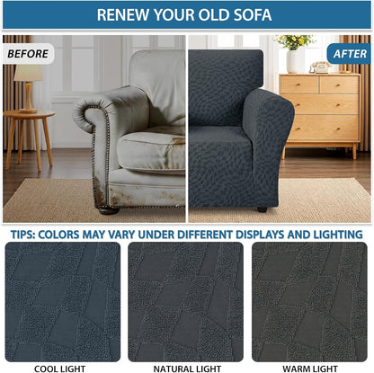 1 Piece Jacquard Couch Covers for 3 Cushion Couch Living Room High Stretch Sofa Cover Pets Dogs Friendly Anti Slip Thickened Slipcovers Furniture Protector (Sofa, Light Grey)