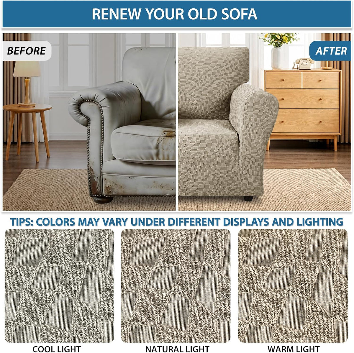 1 Piece Jacquard Couch Covers for 3 Cushion Couch Living Room High Stretch Sofa Cover Pets Dogs Friendly Anti Slip Thickened Slipcovers Furniture Protector (Sofa, Light Grey)
