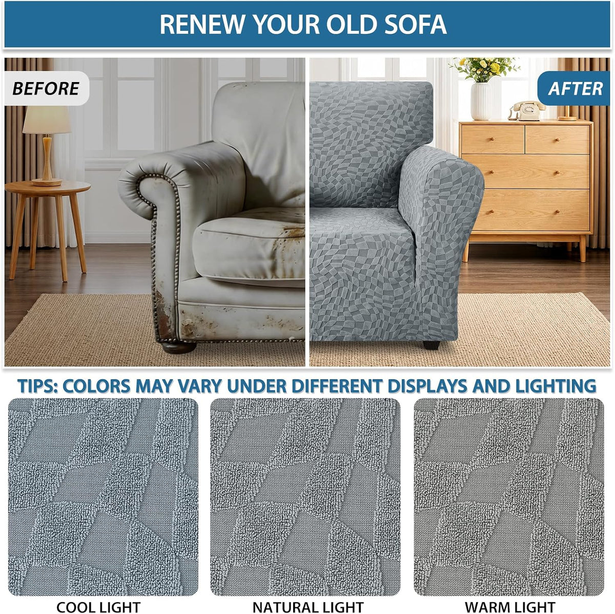 1 Piece Jacquard Couch Covers for 3 Cushion Couch Living Room High Stretch Sofa Cover Pets Dogs Friendly Anti Slip Thickened Slipcovers Furniture Protector (Sofa, Light Grey)