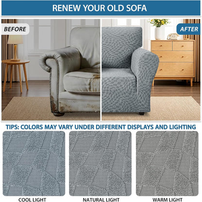 1 Piece Jacquard Couch Covers for 3 Cushion Couch Living Room High Stretch Sofa Cover Pets Dogs Friendly Anti Slip Thickened Slipcovers Furniture Protector (Sofa, Light Grey)