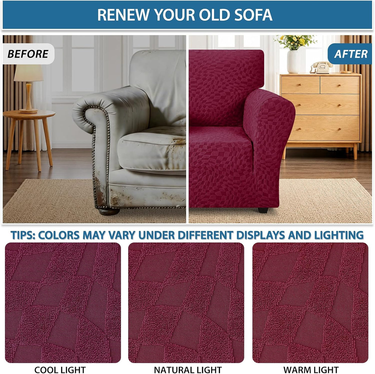 1 Piece Jacquard Couch Covers for 3 Cushion Couch Living Room High Stretch Sofa Cover Pets Dogs Friendly Anti Slip Thickened Slipcovers Furniture Protector (Sofa, Light Grey)