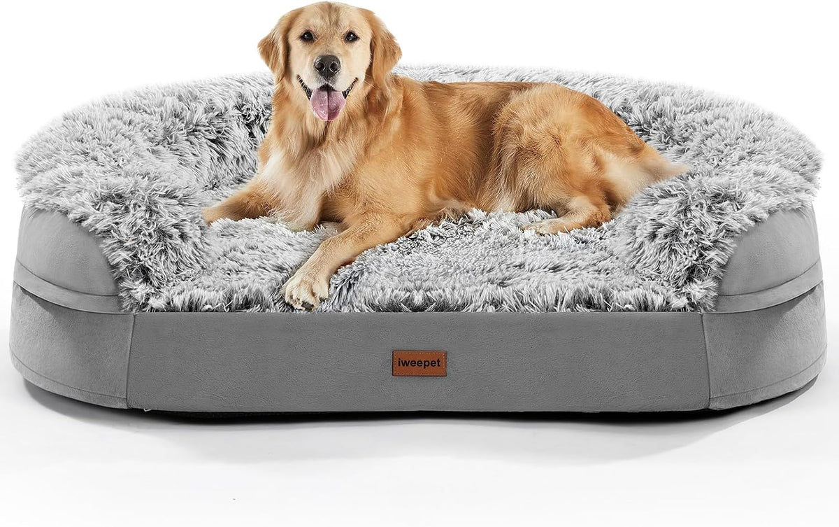 Fluffy Calming Orthopedic Dog Beds for Large & Extra Large Dogs, 44’’ Supportive Dog Sofa Bed with 3.7 inch 28D Egg-Crate Foam, Removable Washable Plush Cover, Waterproof Lining,Grey