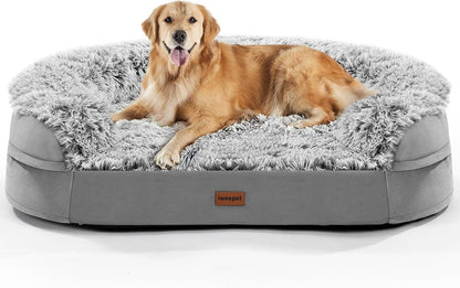 Fluffy Calming Orthopedic Dog Beds for Large & Extra Large Dogs, 44’’ Supportive Dog Sofa Bed with 3.7 inch 28D Egg-Crate Foam, Removable Washable Plush Cover, Waterproof Lining,Grey
