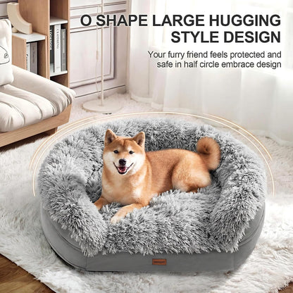 Fluffy Calming Orthopedic Dog Beds for Large & Extra Large Dogs, 44’’ Supportive Dog Sofa Bed with 3.7 inch 28D Egg-Crate Foam, Removable Washable Plush Cover, Waterproof Lining,Grey
