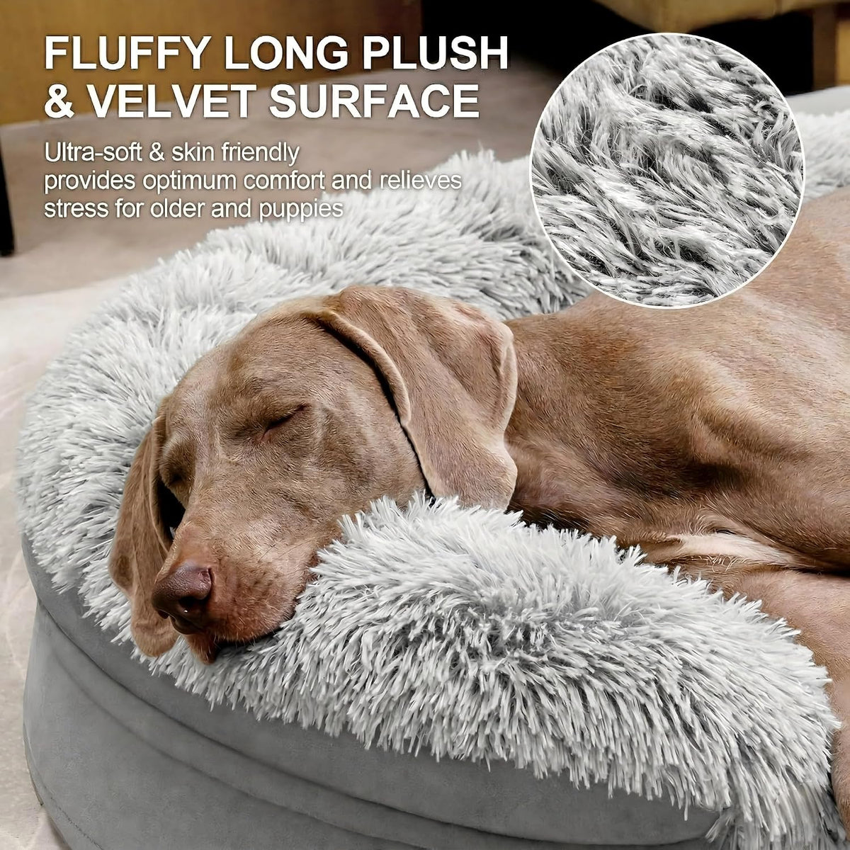Fluffy Calming Orthopedic Dog Beds for Large & Extra Large Dogs, 44’’ Supportive Dog Sofa Bed with 3.7 inch 28D Egg-Crate Foam, Removable Washable Plush Cover, Waterproof Lining,Grey