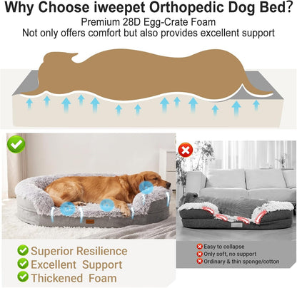 Fluffy Calming Orthopedic Dog Beds for Large & Extra Large Dogs, 44’’ Supportive Dog Sofa Bed with 3.7 inch 28D Egg-Crate Foam, Removable Washable Plush Cover, Waterproof Lining,Grey
