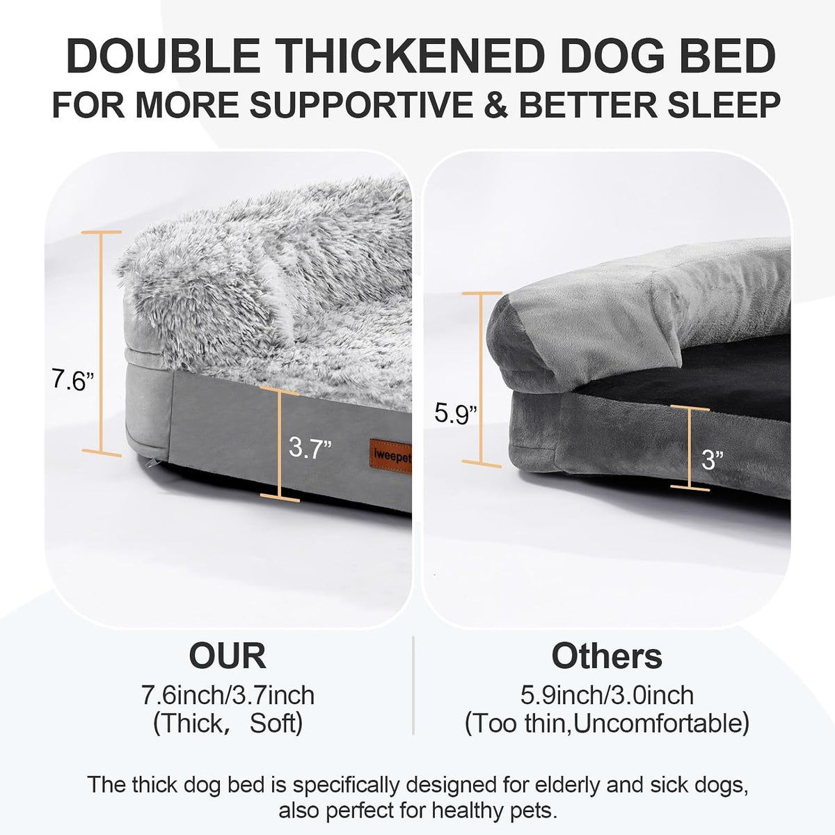 Fluffy Calming Orthopedic Dog Beds for Large & Extra Large Dogs, 44’’ Supportive Dog Sofa Bed with 3.7 inch 28D Egg-Crate Foam, Removable Washable Plush Cover, Waterproof Lining,Grey