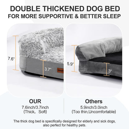 Fluffy Calming Orthopedic Dog Beds for Large & Extra Large Dogs, 44’’ Supportive Dog Sofa Bed with 3.7 inch 28D Egg-Crate Foam, Removable Washable Plush Cover, Waterproof Lining,Grey