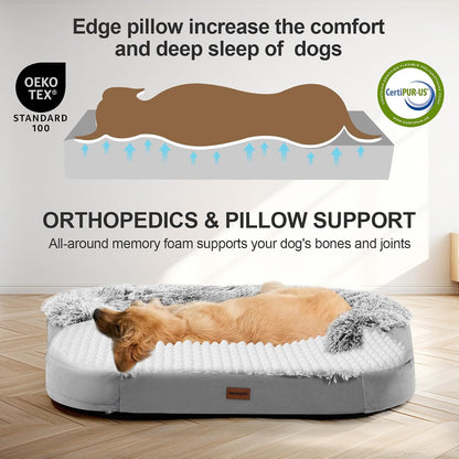 Fluffy Calming Orthopedic Dog Beds for Large & Extra Large Dogs, 44’’ Supportive Dog Sofa Bed with 3.7 inch 28D Egg-Crate Foam, Removable Washable Plush Cover, Waterproof Lining,Grey