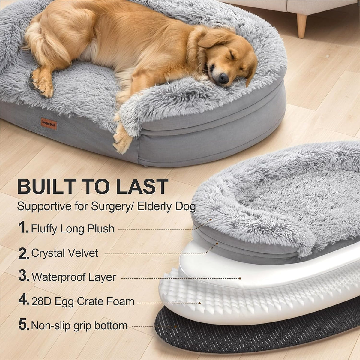 Fluffy Calming Orthopedic Dog Beds for Large & Extra Large Dogs, 44’’ Supportive Dog Sofa Bed with 3.7 inch 28D Egg-Crate Foam, Removable Washable Plush Cover, Waterproof Lining,Grey
