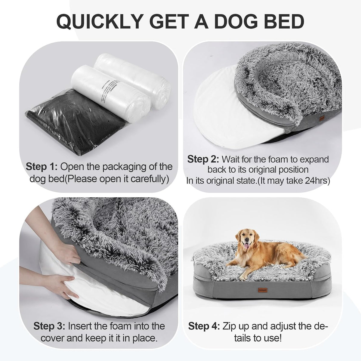 Fluffy Calming Orthopedic Dog Beds for Large & Extra Large Dogs, 44’’ Supportive Dog Sofa Bed with 3.7 inch 28D Egg-Crate Foam, Removable Washable Plush Cover, Waterproof Lining,Grey